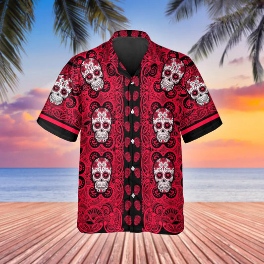 Red Pattern Color Skull Hawaiian Shirt, Hawaiian Button Up Shirt, Tropical Shirts For Men Moonbestprint
