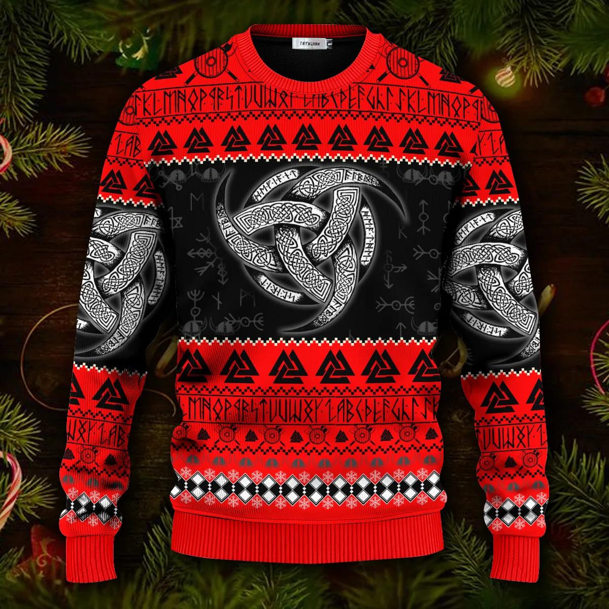 Red Triple Horn Pattern Viking Ugly Christmas Sweater Moonbestprint