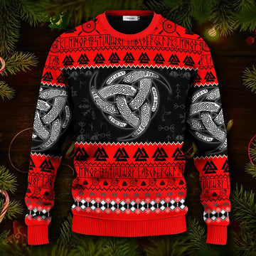 Red Triple Horn Pattern Viking Ugly Christmas Sweater Moonbestprint