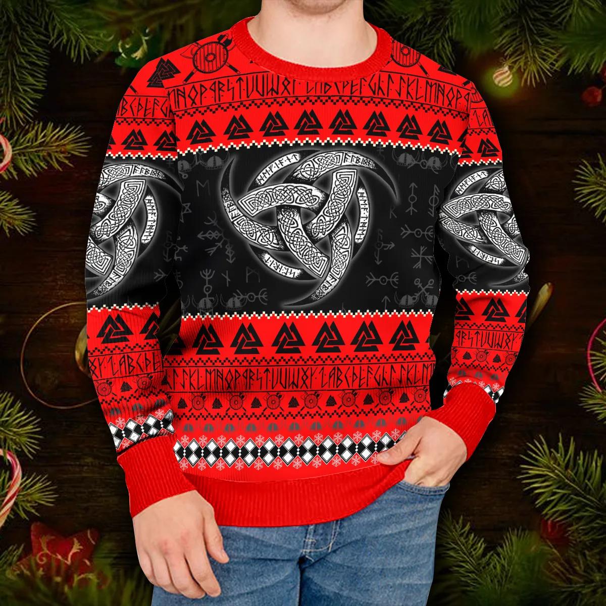 Red Triple Horn Pattern Viking Ugly Christmas Sweater Moonbestprint