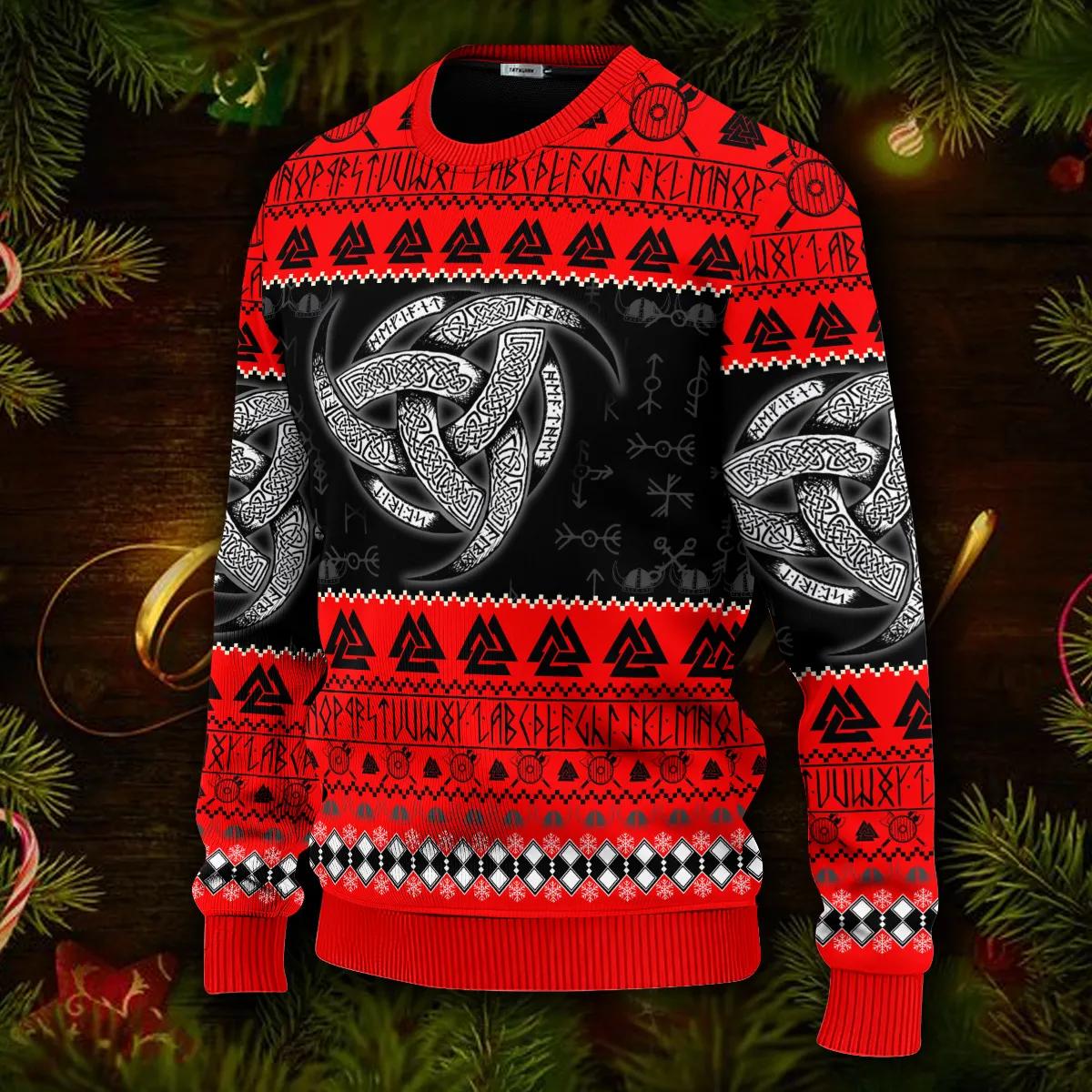 Red Triple Horn Pattern Viking Ugly Christmas Sweater Moonbestprint