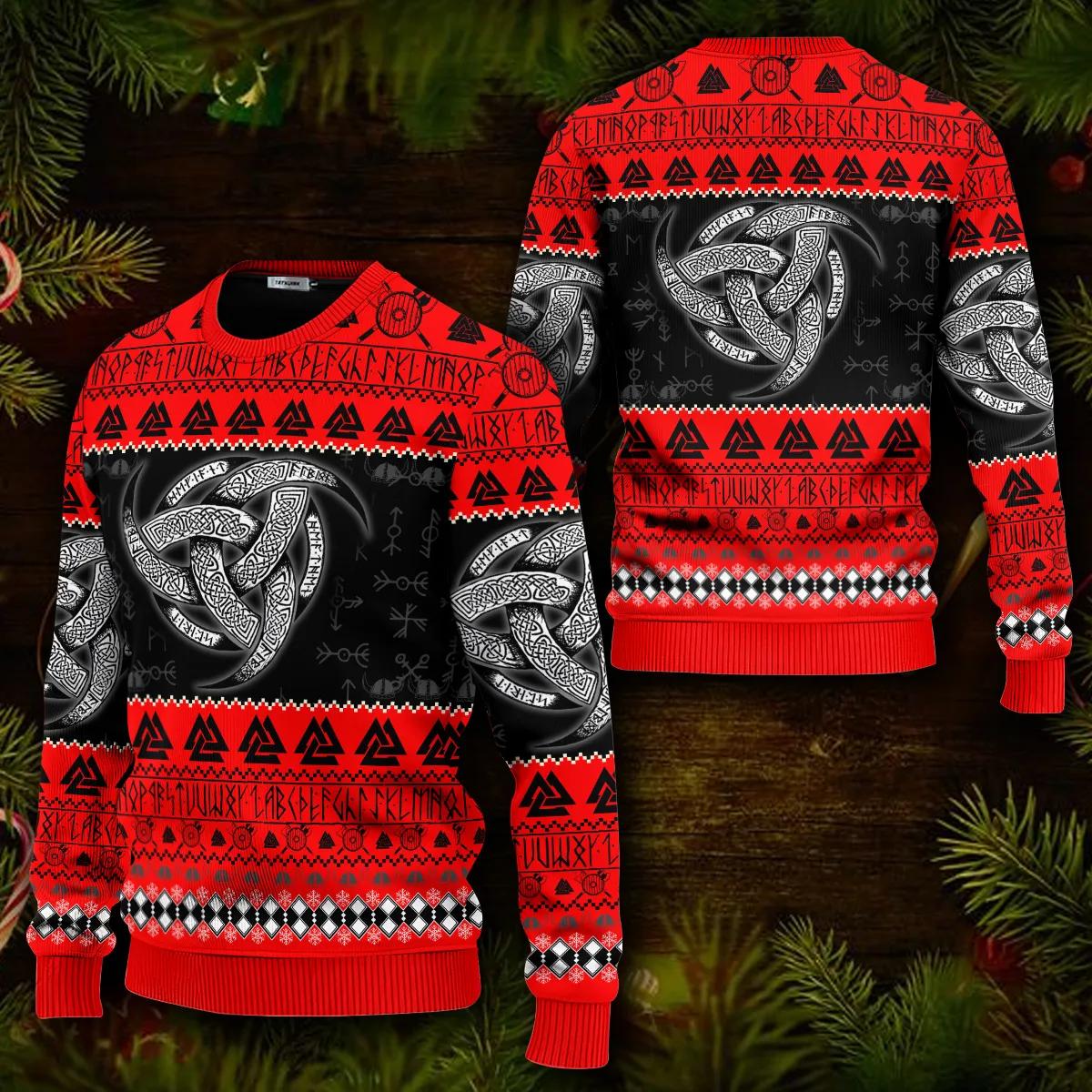 Red Triple Horn Pattern Viking Ugly Christmas Sweater Moonbestprint
