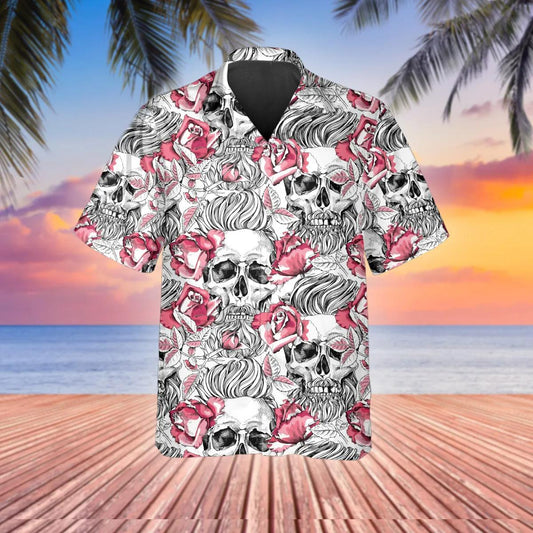 Rose Pattern Happy Summer Skull Hawaiian Shirt, Hawaiian Button Up Shirt, Tropical Shirts For Men Moonbestprint