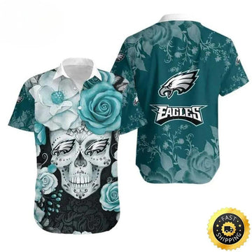 Rose Skull Philadelphia Eagles Hawaiian Shirt For Football Fans, NFL Hawaiian Shirt Moonbestprint