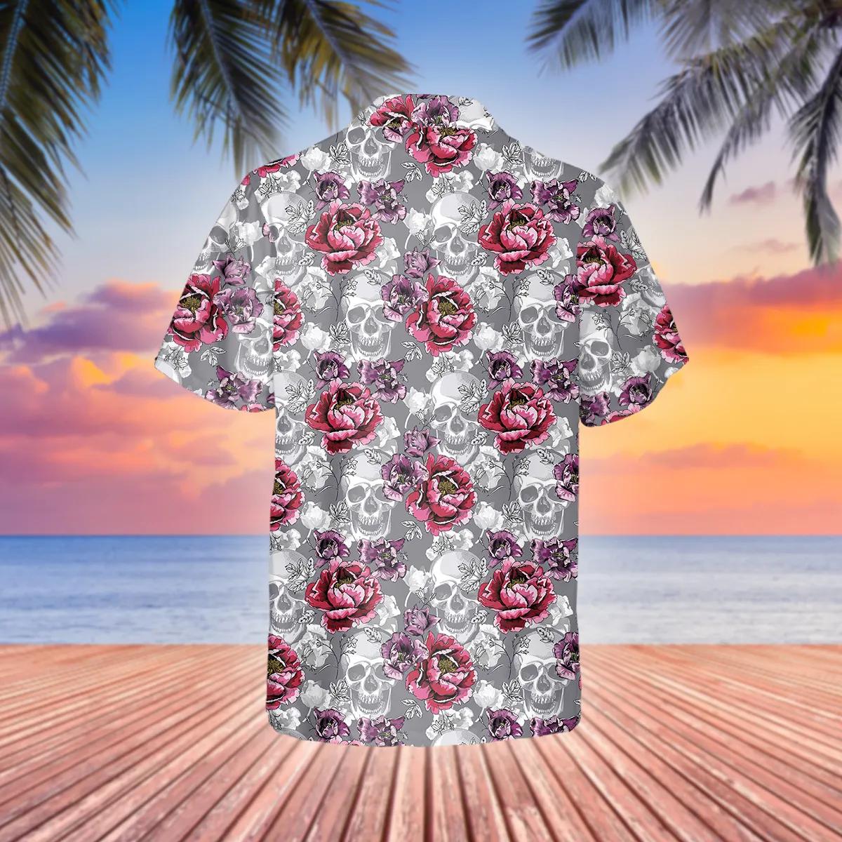 Roses And Grey Skull Hawaiian Shirt, Hawaiian Button Up Shirt, Tropical Shirts For Men Moonbestprint