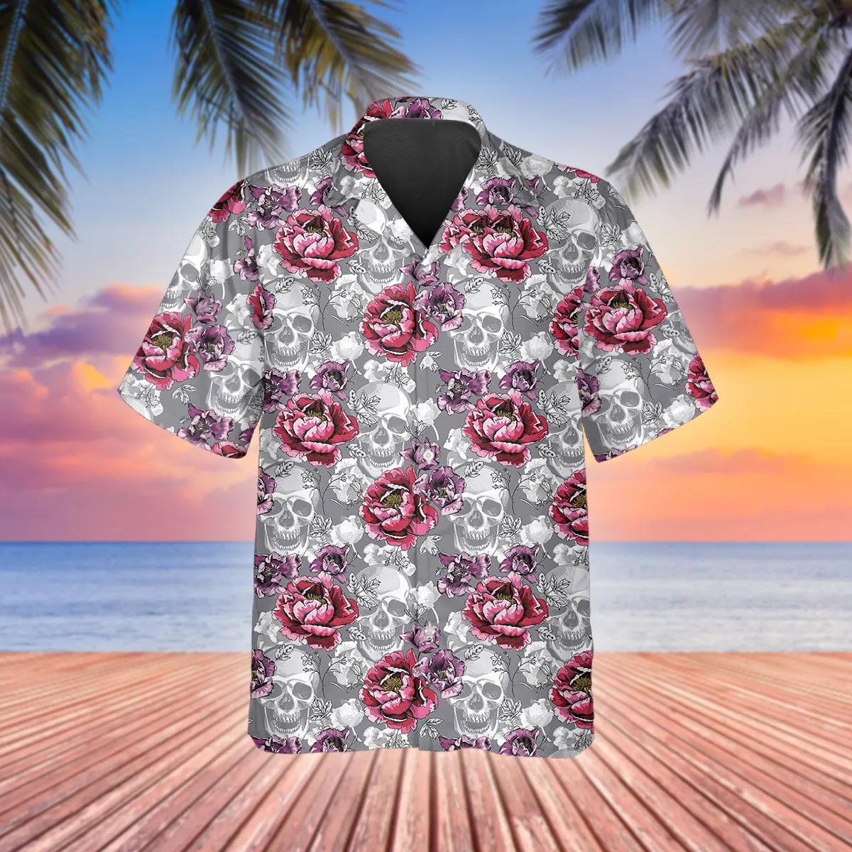 Roses And Grey Skull Hawaiian Shirt, Hawaiian Button Up Shirt, Tropical Shirts For Men Moonbestprint