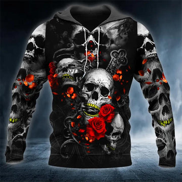 Roses See Speak and Hear No Evil Skull 3D Hoodie Moonbestprint
