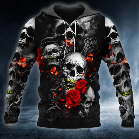 Roses See Speak and Hear No Evil Skull 3D Hoodie Moonbestprint