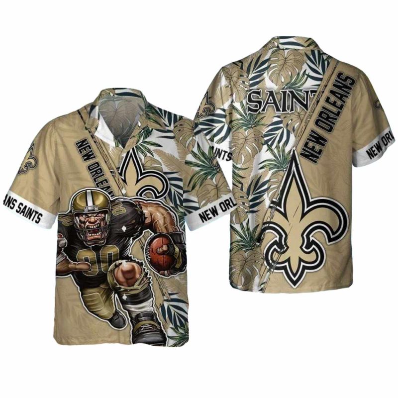 Saints Hawaiian Shirt Football Player And Tropical Leaves - Moonbestprint