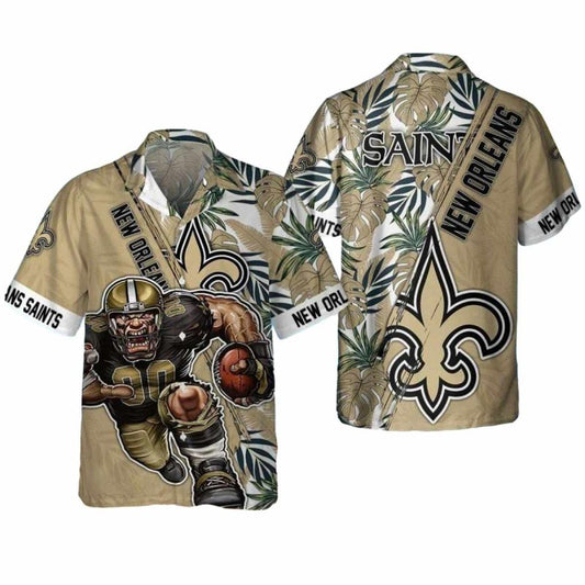 Saints Hawaiian Shirt Football Player And Tropical Leaves - Moonbestprint