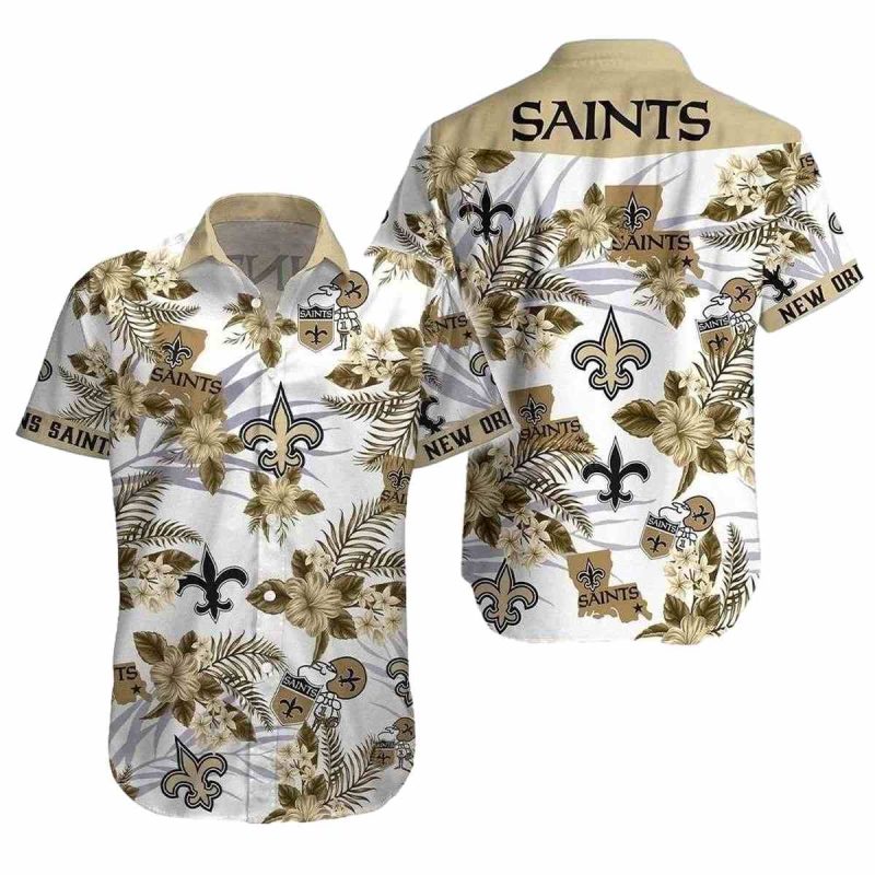 Saints Hawaiian Shirt With Tropical Foliage And Team Emblem - Moonbestprint