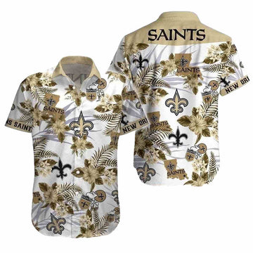 Saints Hawaiian Shirt With Tropical Foliage And Team Emblem - Moonbestprint
