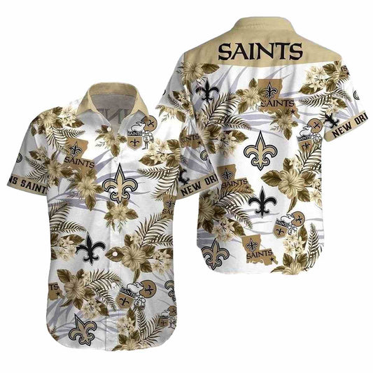 Saints Hawaiian Shirt With Tropical Foliage And Team Emblem - Moonbestprint