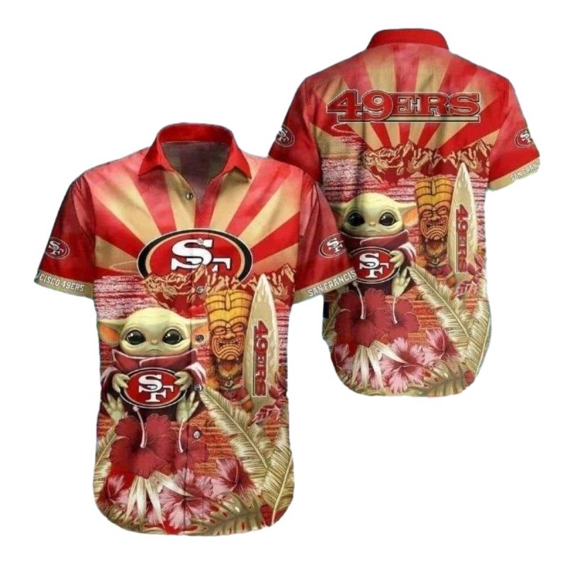 San Francisco 49ers Baby Yoda Tiki Totem Surfing Hawaiian Shirt - Moonbestprint