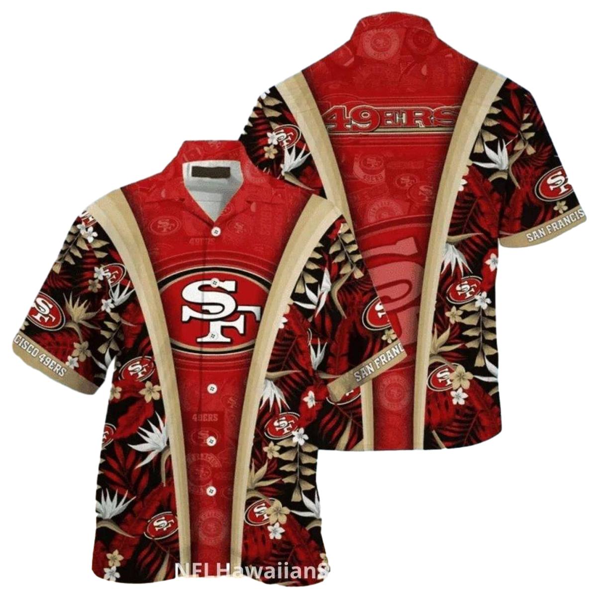 San Francisco 49ers Big Logo Gold And Red Floral Accent Hawaiian Shirt - Moonbestprint