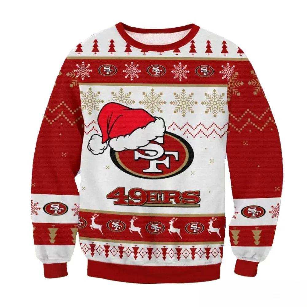 San Francisco 49ers Big Logo Santa Hat Nfl Ugly Christmas Sweater, NFL Christmas Sweater Moonbestprint