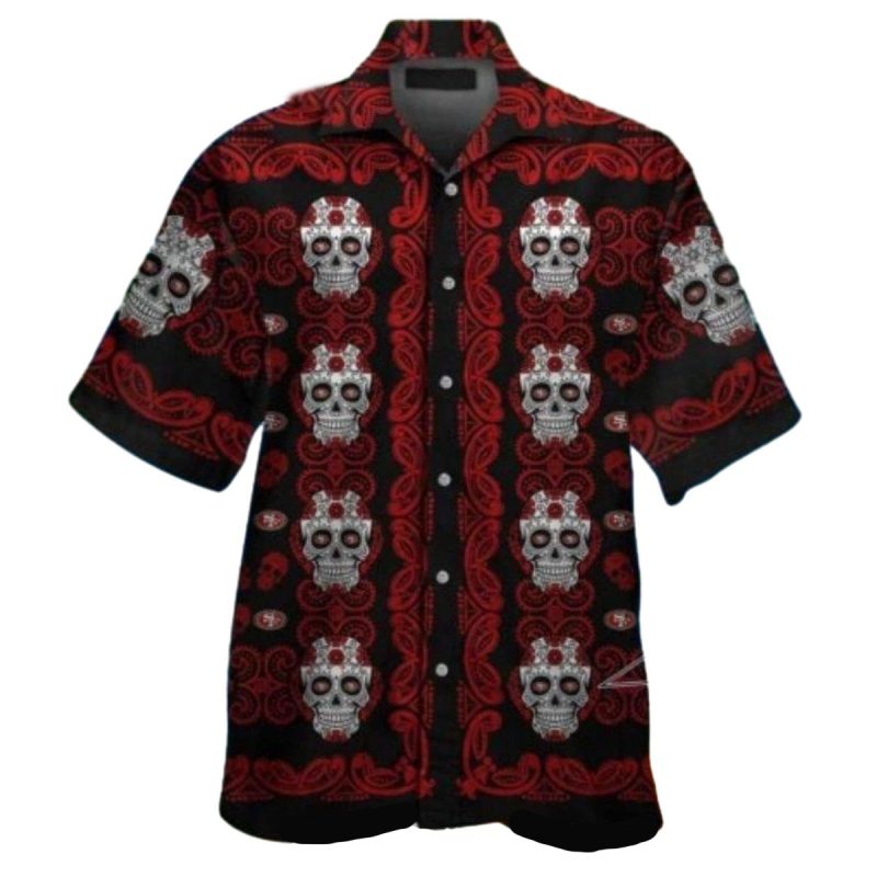 San Francisco 49ers Black And Red Skull Pattern Hawaiian Shirt - Moonbestprint