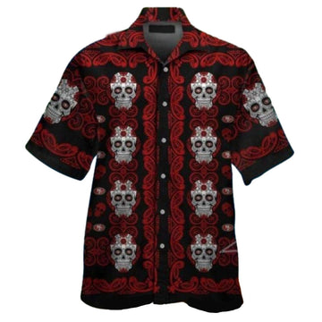 San Francisco 49ers Black And Red Skull Pattern Hawaiian Shirt - Moonbestprint