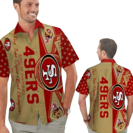 San Francisco 49ers Gold And Red Logo Helmet Hawaiian Shirt - Moonbestprint
