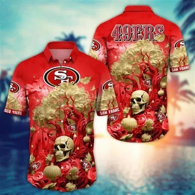 San Francisco 49ers Halloween Skull Pumpkin Hawaiian Shirt, NFL Hawaiian Shirt Moonbestprint