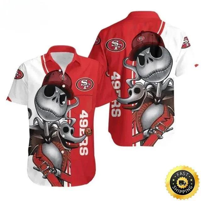 San Francisco 49ers Hawaiian Shirt Jack Skellington And Zero, NFL Hawaiian Shirt Moonbestprint