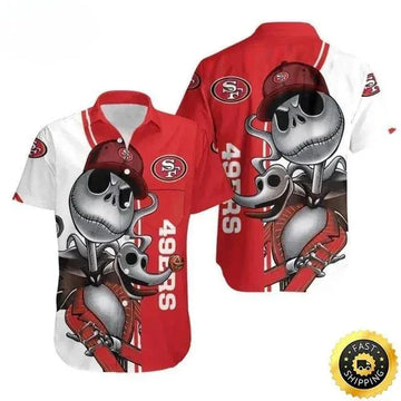 San Francisco 49ers Hawaiian Shirt Jack Skellington And Zero, NFL Hawaiian Shirt Moonbestprint