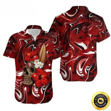San Francisco 49ers Hawaiian Shirt Skull And Hibiscus Flower, NFL Hawaiian Shirt Moonbestprint