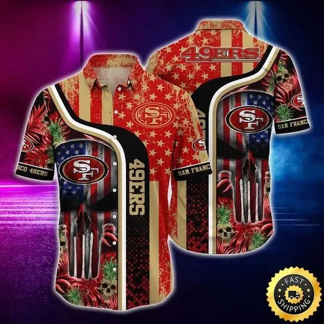 San Francisco 49ers Hawaiian Shirt Skull US Flag, NFL Hawaiian Shirt Moonbestprint