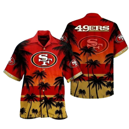 San Francisco 49ers Logo Dynamic Red Sunset And Palms Coconut Tree Hawaiian Shirt - Moonbestprint