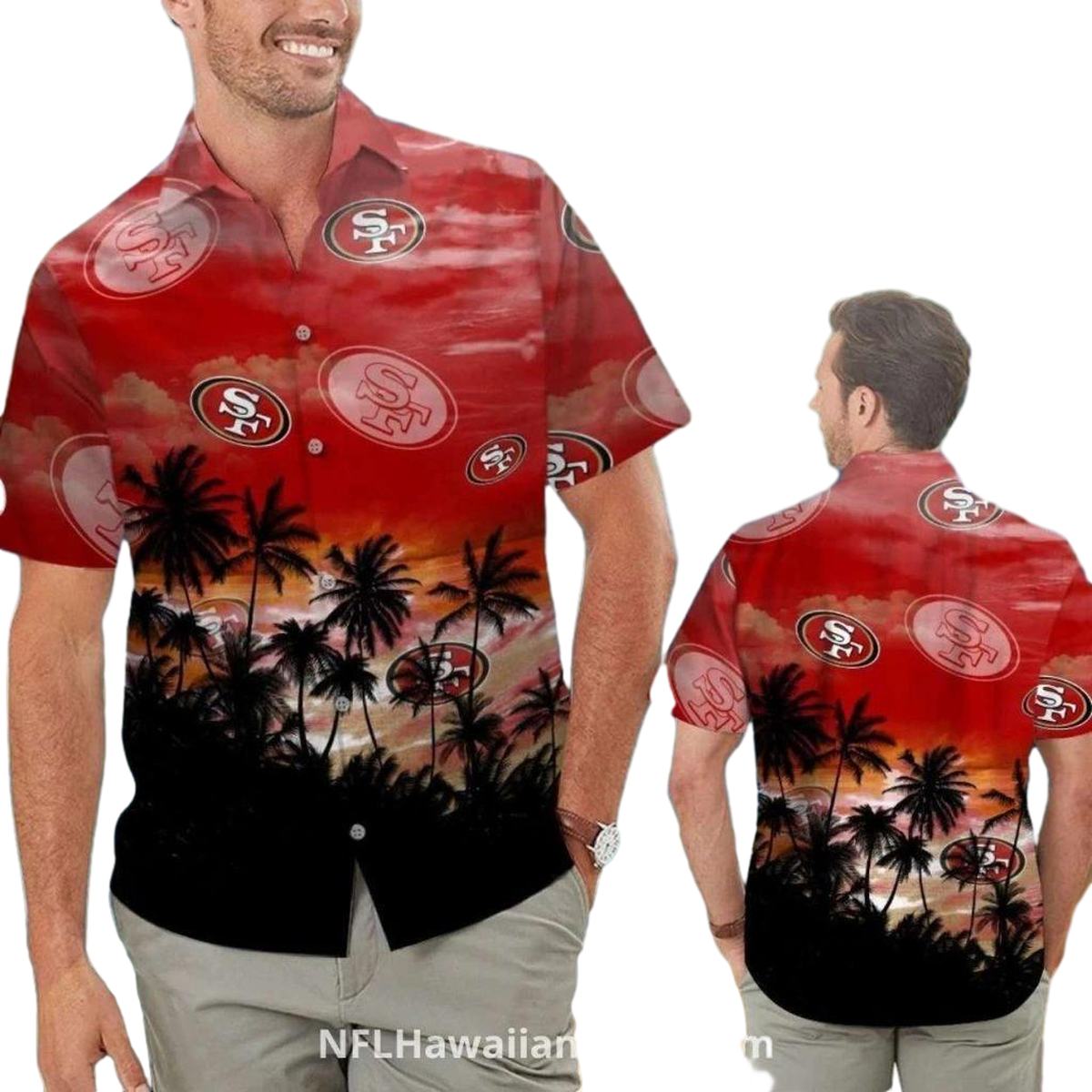 San Francisco 49ers Logo Red With Tropical Sunset Hawaiian Shirt - Moonbestprint