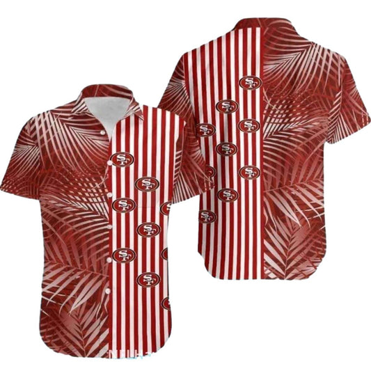 San Francisco 49ers Red And White Striped Palm Leaves Hawaiian Shirt - Moonbestprint