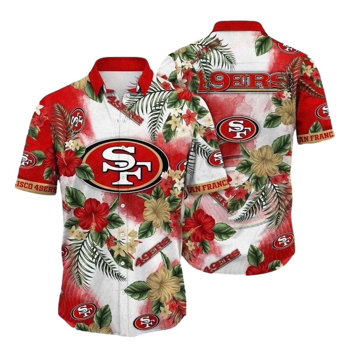 San Francisco 49ers Red And Yellow Hibiscus Floral Tackle Hawaiian Shirt - Moonbestprint
