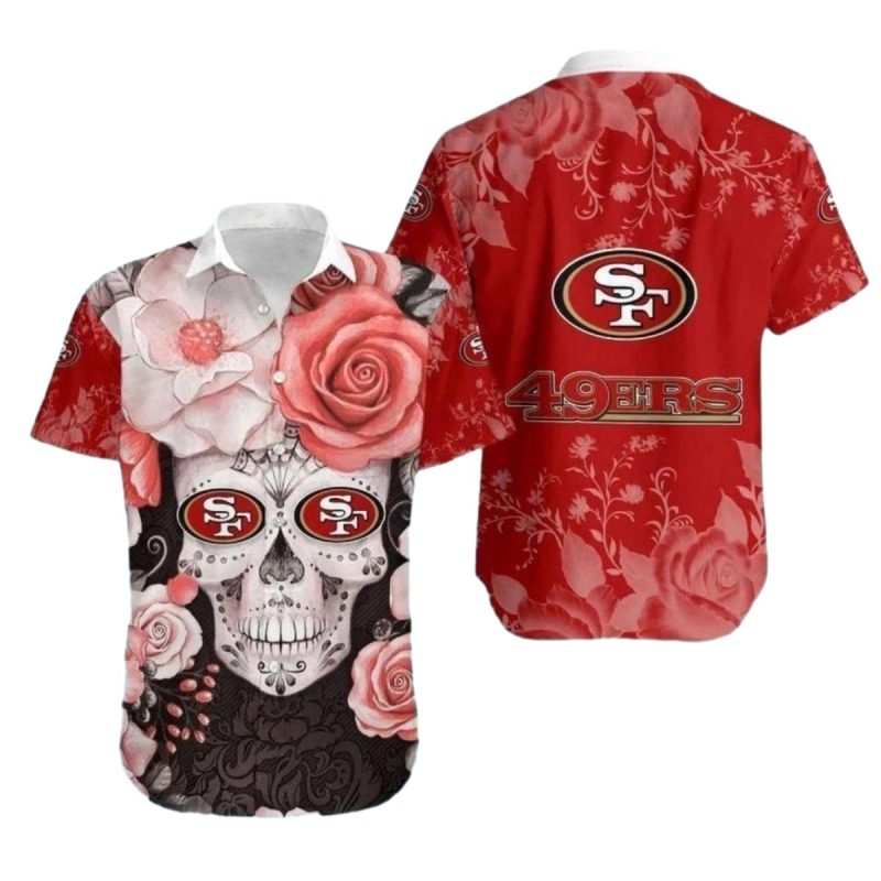San Francisco 49ers Skull And Rose Art Design Hawaiian Shirt - Moonbestprint