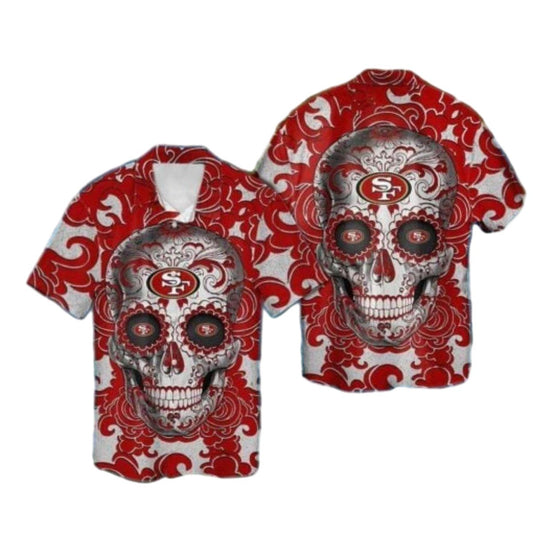 San Francisco 49ers Sugar Skull Red Swirl Design Hawaiian Shirt - Moonbestprint