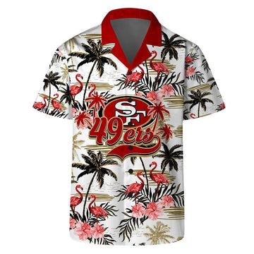 San Francisco 49ers Team Logo Pattern Flamingo Hibiscus Hawaiian Shirt, NFL Hawaiian Shirt Moonbestprint