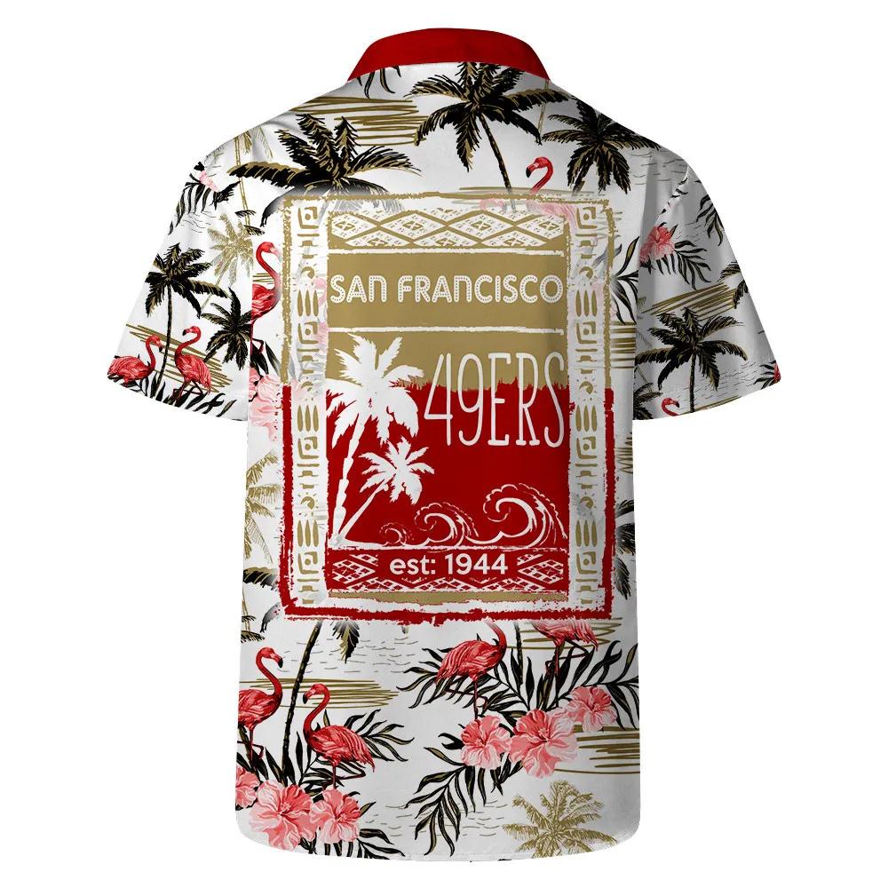San Francisco 49ers Team Logo Pattern Flamingo Hibiscus Hawaiian Shirt, NFL Hawaiian Shirt Moonbestprint