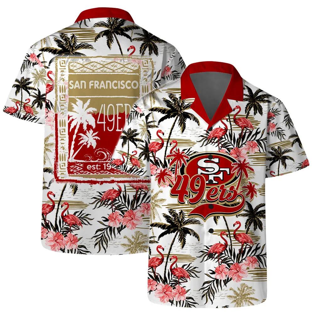 San Francisco 49ers Team Logo Pattern Flamingo Hibiscus Hawaiian Shirt, NFL Hawaiian Shirt Moonbestprint