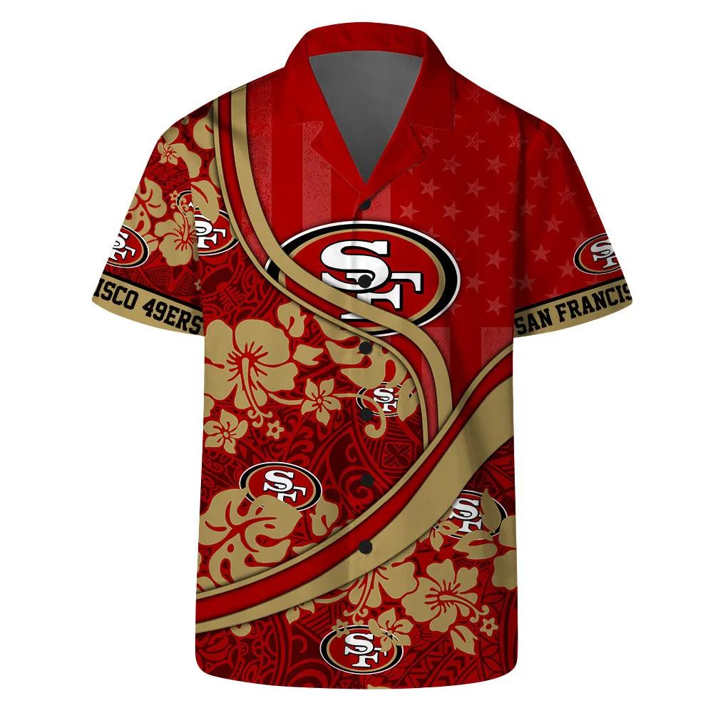 San Francisco 49ers Team Logo Pattern US Flag Hawaiian Shirt, NFL Hawaiian Shirt Moonbestprint