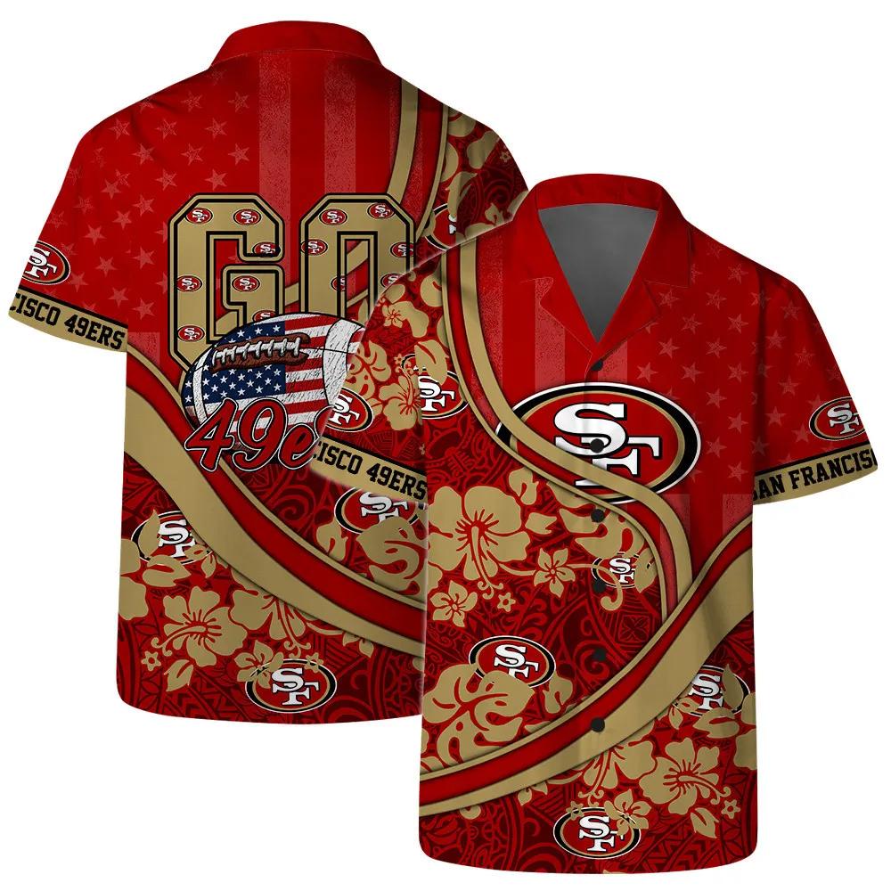 San Francisco 49ers Team Logo Pattern US Flag Hawaiian Shirt, NFL Hawaiian Shirt Moonbestprint
