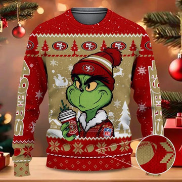San Francisco 49ers The Grinch Drink Coffee Ugly Christmas Sweater, NFL Christmas Sweater Moonbestprint