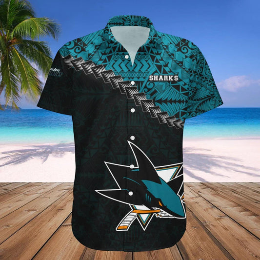 San Jose Sharks Hawaiian Shirt Grunge Polynesian Tattoo - NHL, NHL Hawaiian Shirt Moonbestprint