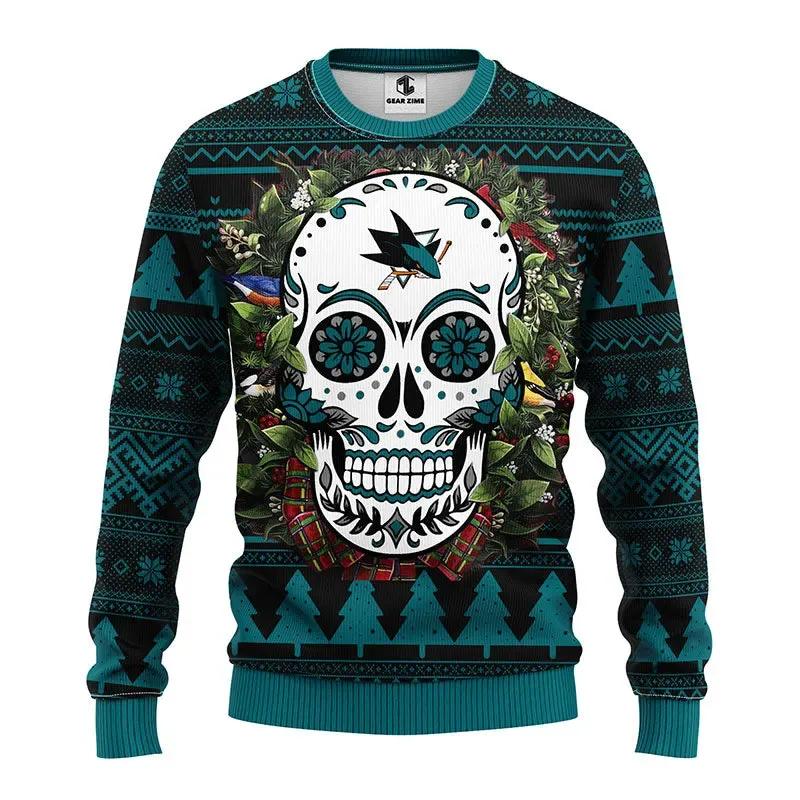 San Jose Sharks Skull Flower Ugly Christmas Sweater, NHL Christmas Sweater Moonbestprint