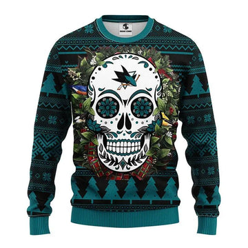 San Jose Sharks Skull Flower Ugly Christmas Sweater, NHL Christmas Sweater Moonbestprint