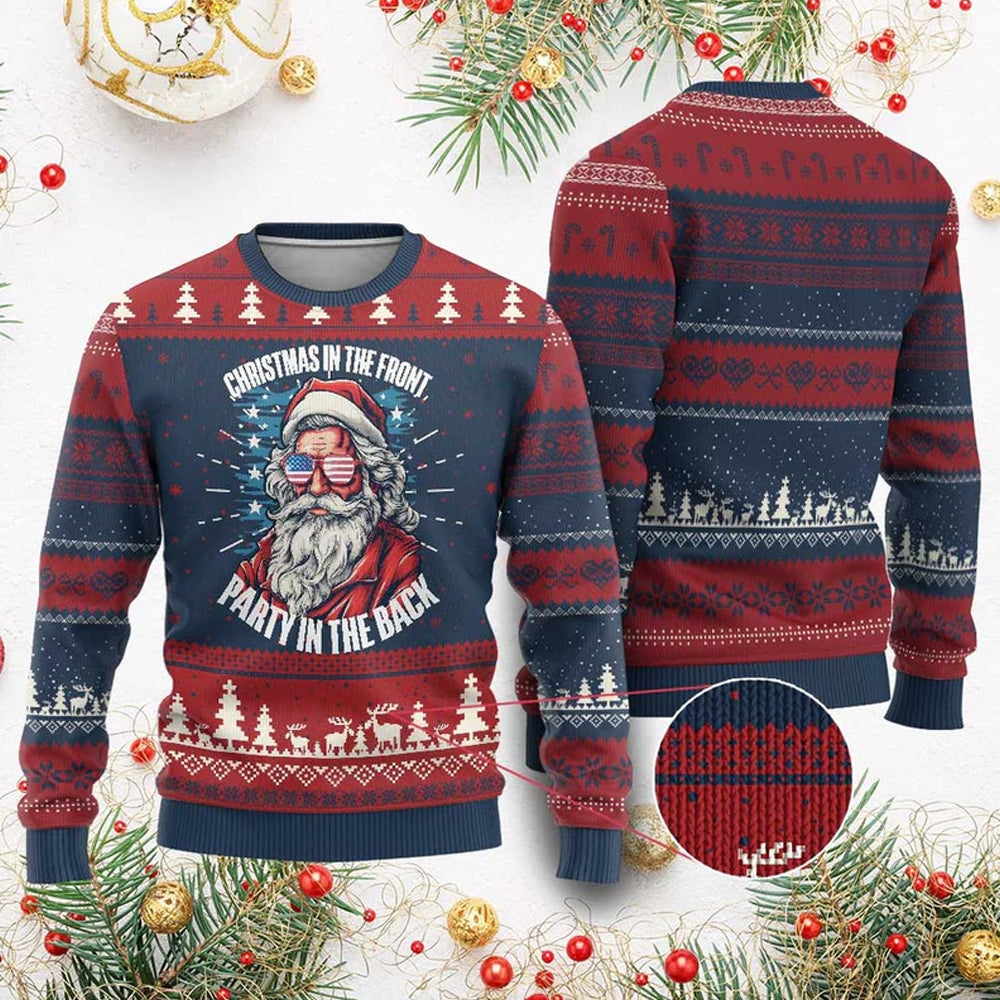 Santa Christmas in the Front Party in the Back Ugly Christmas Sweater - Moonbestprint