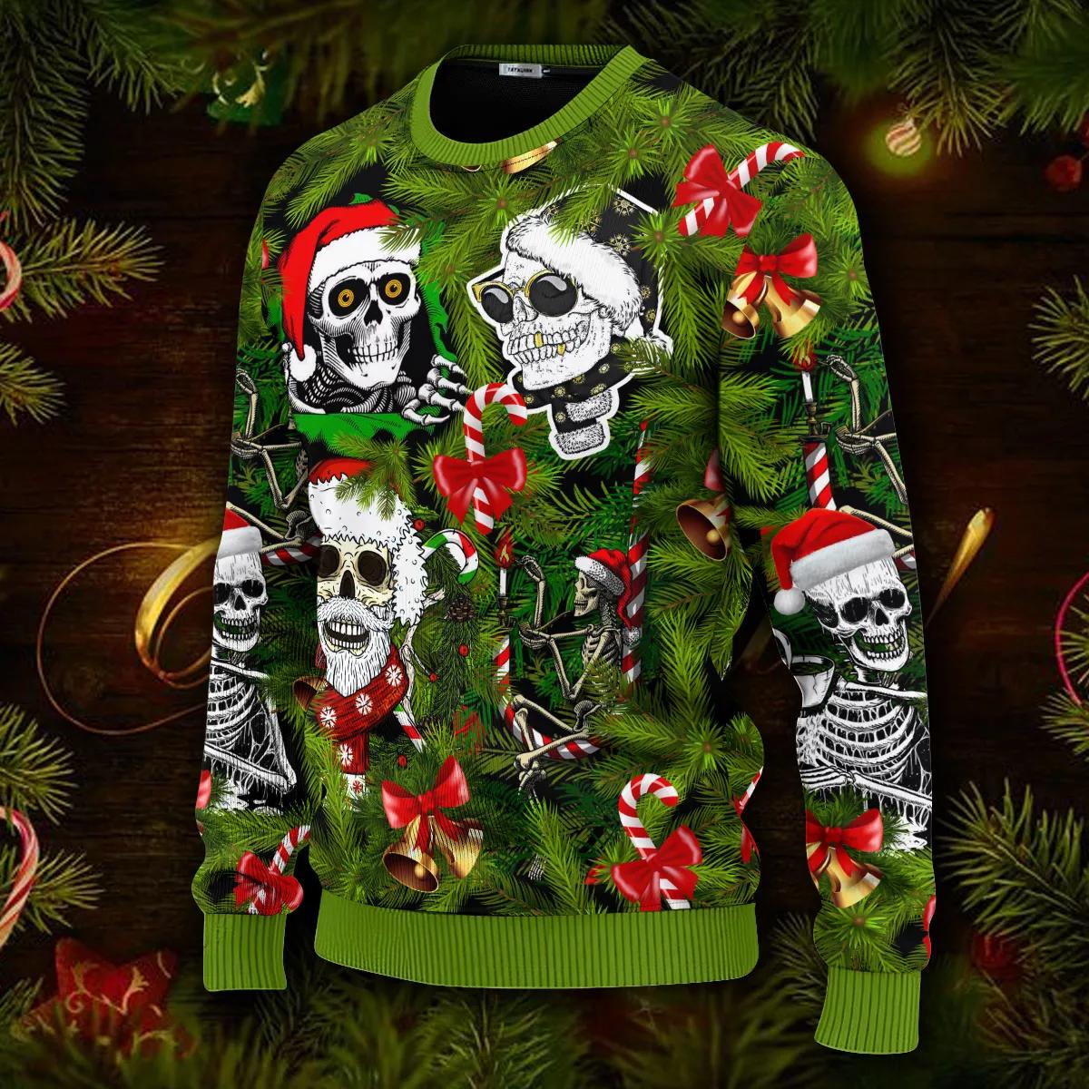 Santa Skulls In Christmas Tree Skull Ugly Christmas Sweater Moonbestprint