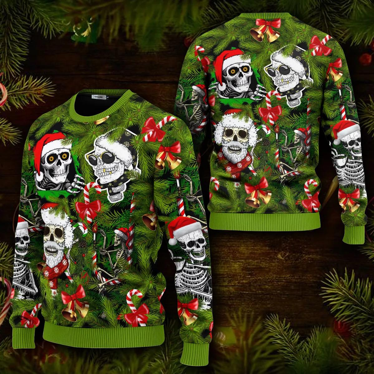 Santa Skulls In Christmas Tree Skull Ugly Christmas Sweater Moonbestprint