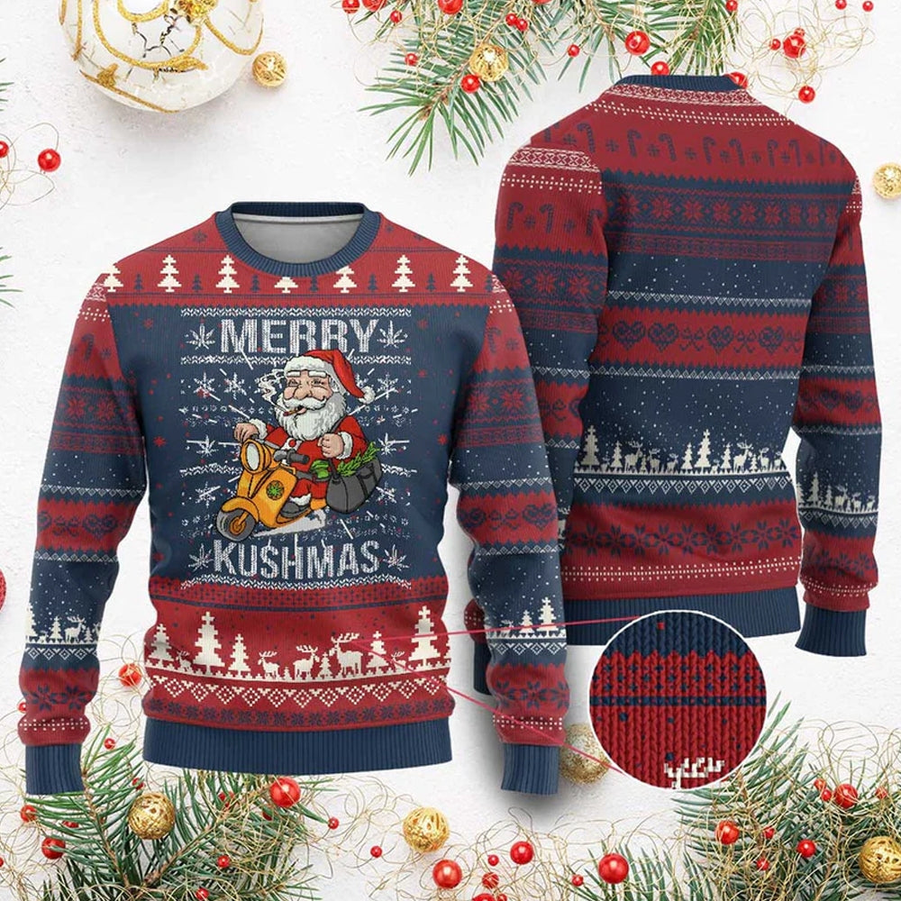 Santa Smoking Merry Kushmas Ugly Christmas Sweater - Moonbestprint