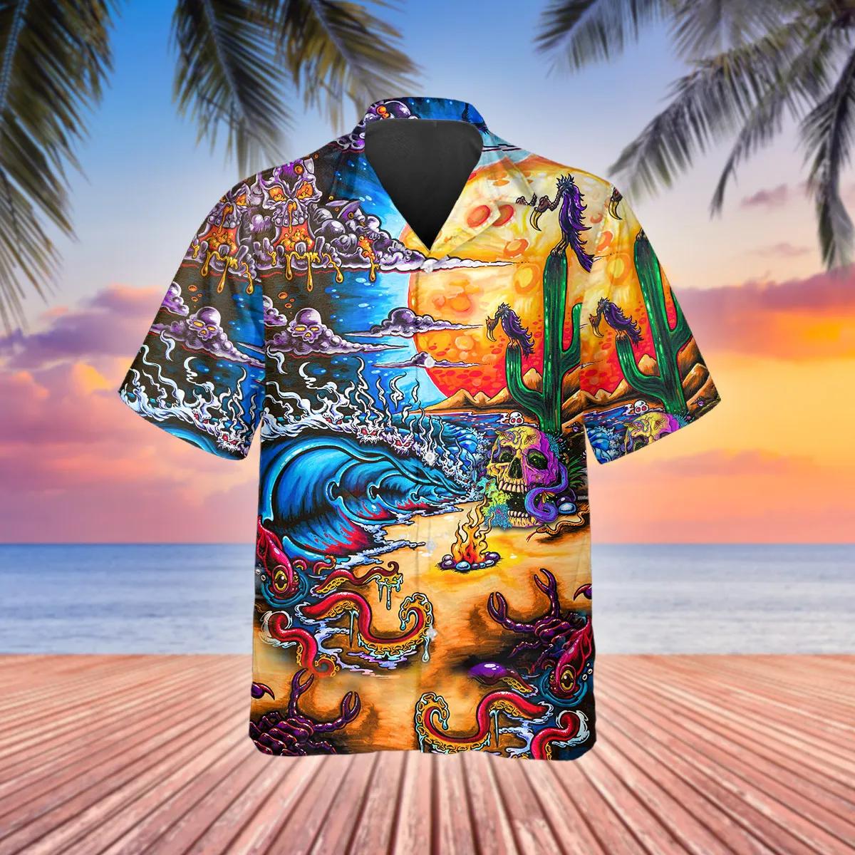 Scary Skull Beach Hawaiian Shirt, Hawaiian Button Up Shirt, Tropical Shirts For Men Moonbestprint