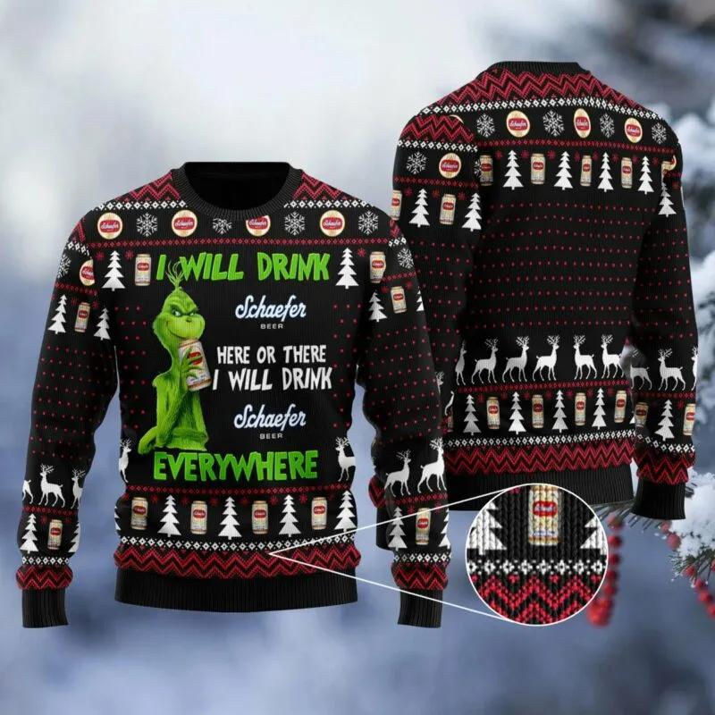Schaefer Grinch Will Drink Everywhere Ugly Sweater, Grinch Holiday Sweater Moonbestprint