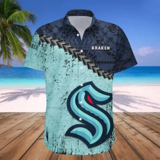 Seattle Kraken Hawaiian Shirt, Grunge Polynesian Tattoo Aloha Button Shirt, NHL Hawaiian Shirt Moonbestprint
